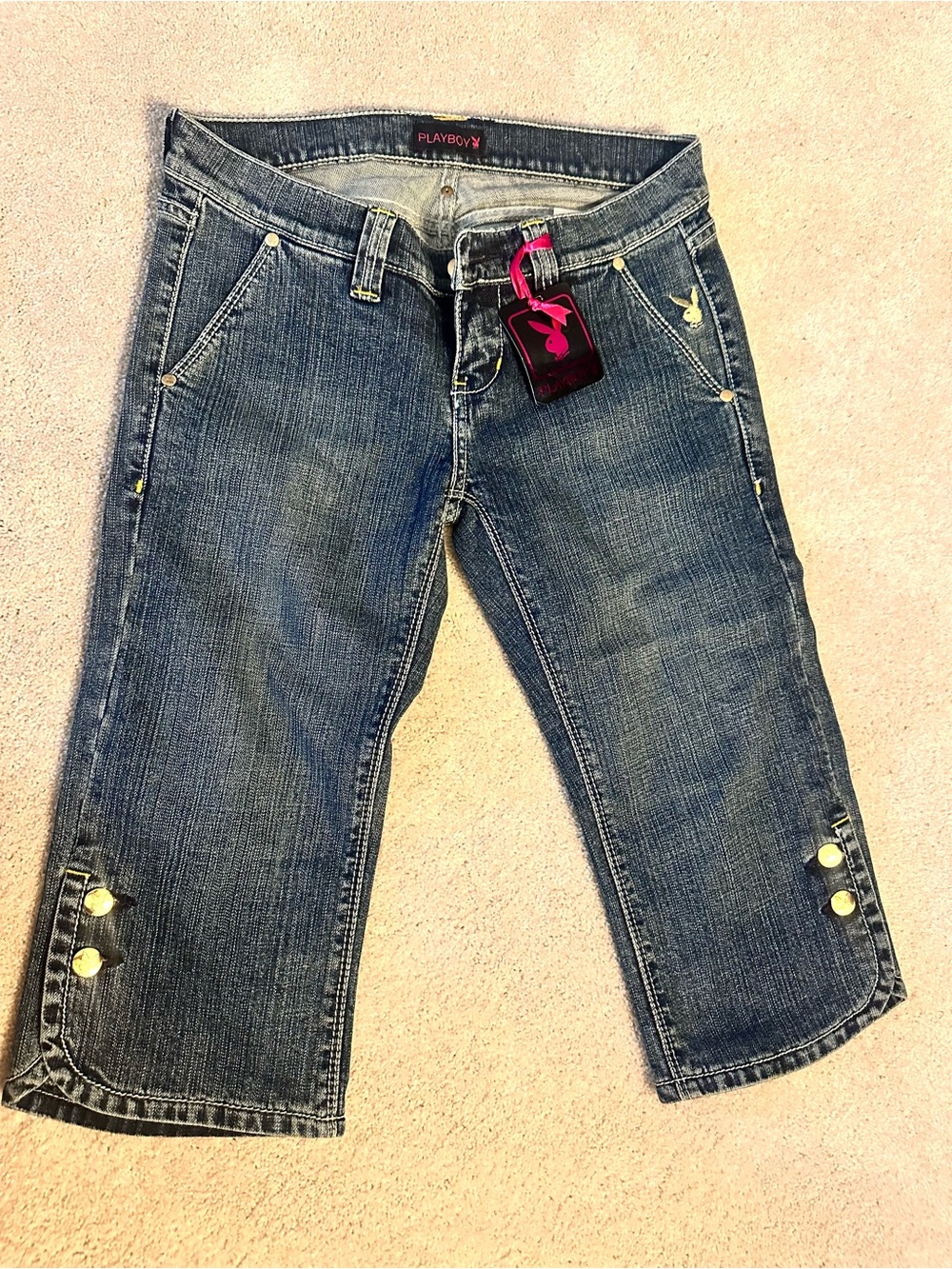 PLAYBOY Women's Dark Blue Denim Capri Jeans with Rhinestones New with Tag